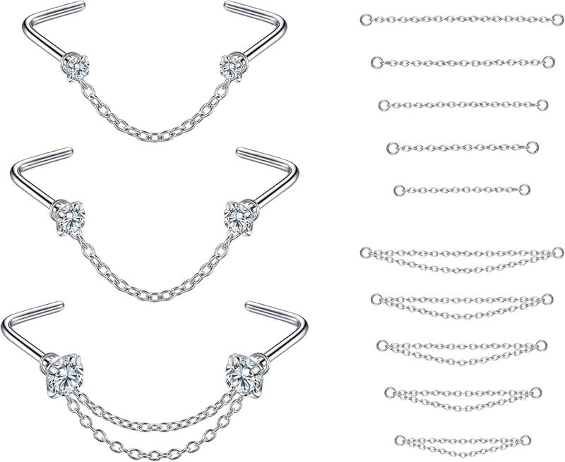 PunkTracker Nose Rings 20G - 2mm, 2.5mm, 3mm CZ Studs with Chain - Surgical Steel Nose Piercing Jewelry - Image 1